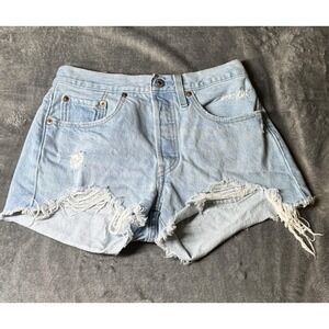 Levi's 501 Shorts Womens W26 Blue Denim Distressed Cutoff Frayed Hem Button Fly